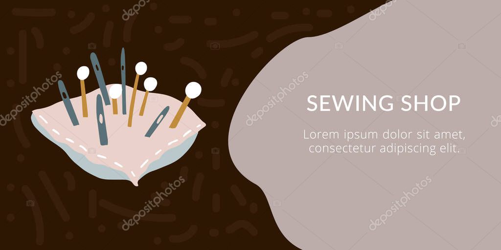 Sewing pin cushion vector artwork. Needlework tools on the dark brown background. Design for visit card, logo and flyer. Can use for workshops, banners design. Cozy, modern hand drawn sew items.