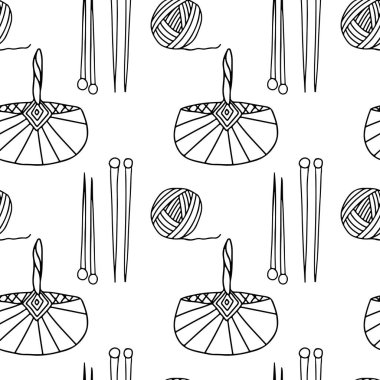 Örgü örmek, kusursuz desen. Sepet, iplik, teller, beyaz arka planda iplik. Örgü işi, hobi, el yapımı ve giysi hakkında güzel bir çizim. Kağıt ve tekstil için kullan.. 