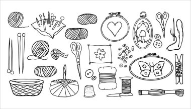 İğne klipsi sanatı. Karalama aletleri, dikiş, örgü ve nakış gibi. Siyah beyaz vektör çizimleri. İğnelik, iplik, makas, çember ve teller sizin için güzel el yapımı tasarımlar.