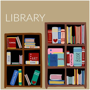 Renkli kitaplarla dolu iki kahverengi kitaplık düzgünce ve kaos içinde duruyor. Bej arka planda kütüphane hakkında vektör el çizimi. Bit pazarı, kitapçı, ikinci el ve yeniden kullanım hikayesi için tasarım. 