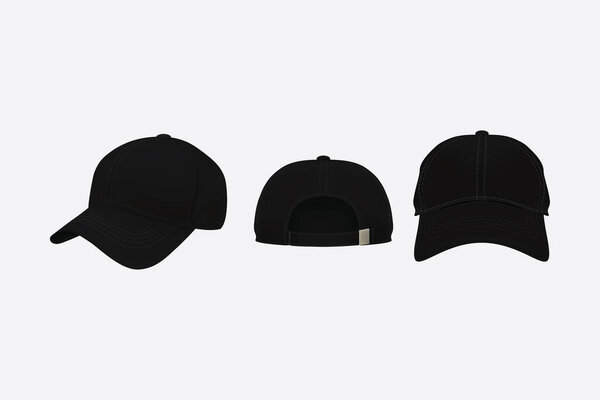 Baseball cap front, back and side view isolated, Baseball cap black color.