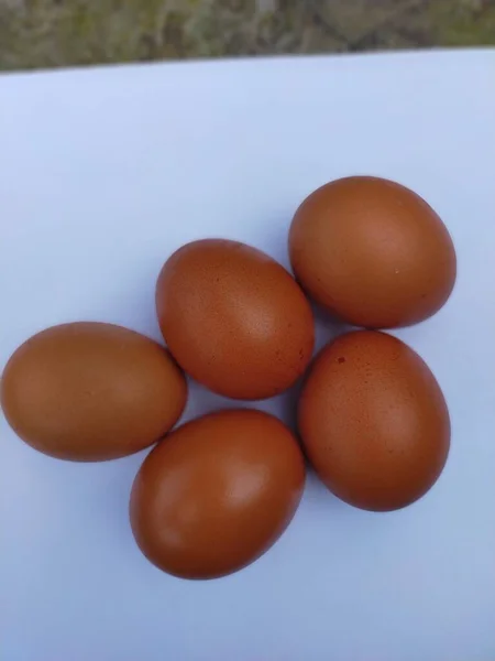 Сырые Куриные Яйца Красный Коричневый Белый Фон — стоковое фото