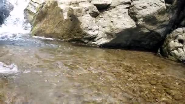 Φυσικό Ποτάμι Πέτρινο Σιντριβάνι Ρέον Νερό Μαύρη Λευκή Πέτρα Καθαρό — Αρχείο Βίντεο