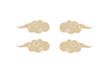 Beyaz arka planda kıvrımlı desenli dört bej bulut çizimi