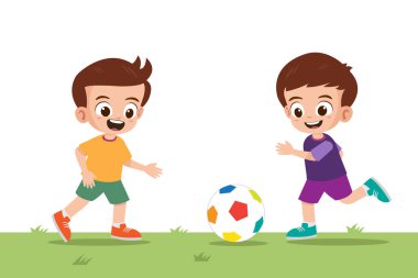 Park vektör ilüstrasyonunda futbol oynayan iki tatlı çocuk.
