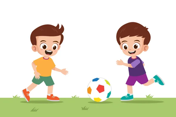 Two Cute Boys Playing Football Park Vector Illustration — Stock Vector
