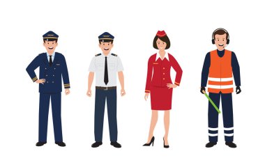 Pilot, hostes ve hava trafik kontrol üniformaları beyaz arkaplan vektör ilüstrasyonunda izole edildi