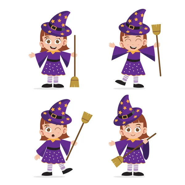 Cute Little Girl Wizard Character Vector Set Illustration — Stock Vector