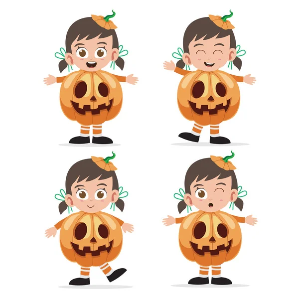 Cute Little Girl Pumpkin Costume Character Vector Set — Stock Vector