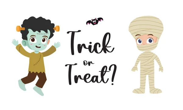 Trick Traiter Lettrage Avec Des Enfants Mignons Frankenstein Momie Costumes — Image vectorielle