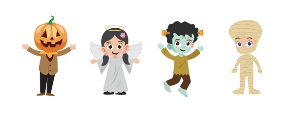 Joyeux Halloween Mignon Enfants Groupe Personnage Vectoriel Illustration — Image vectorielle