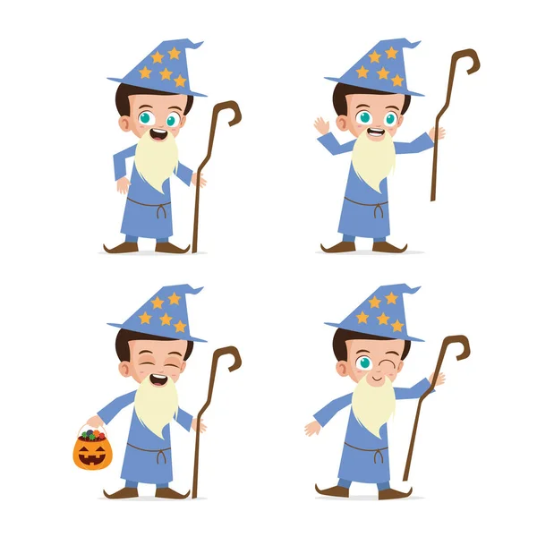 Cute Kid Wearing Wizard Costume Halloween Vector Illustration — Stock Vector