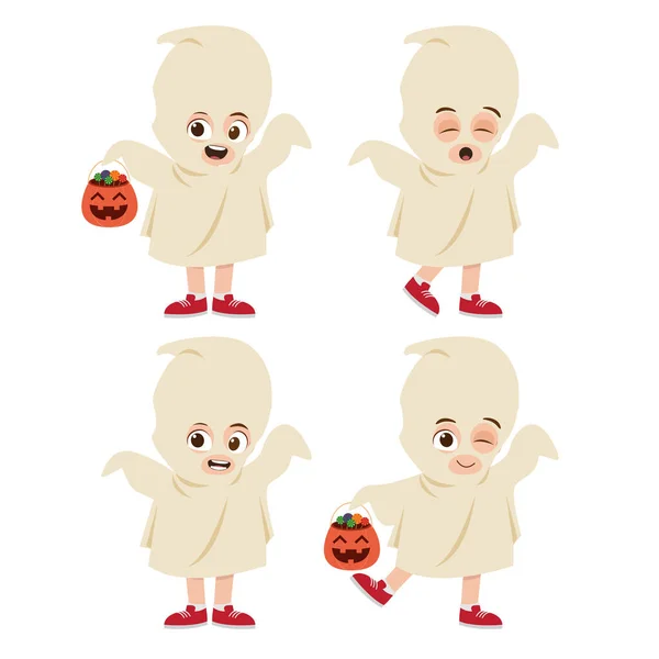 Mignon Enfant Portant Costume Fantôme Pour Halloween Illustration Vectorielle — Image vectorielle