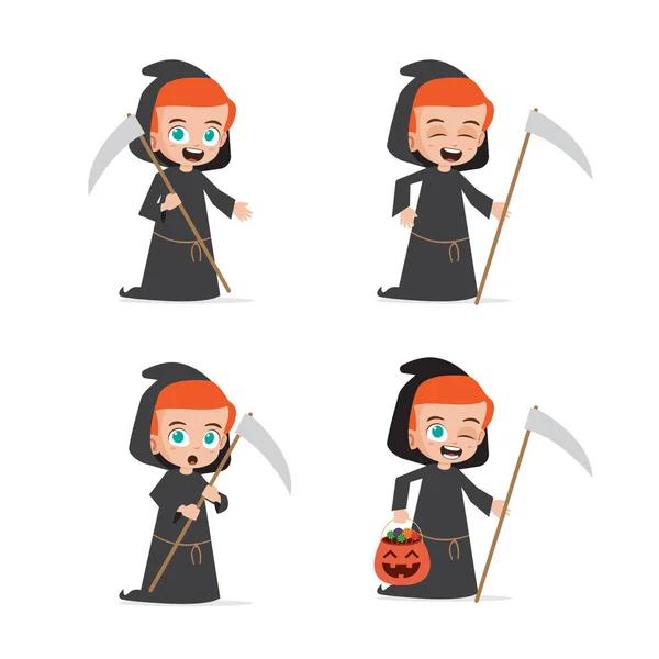 Cute Kid Wearing Reaper Costume Halloween Vector Illustration — Stock Vector