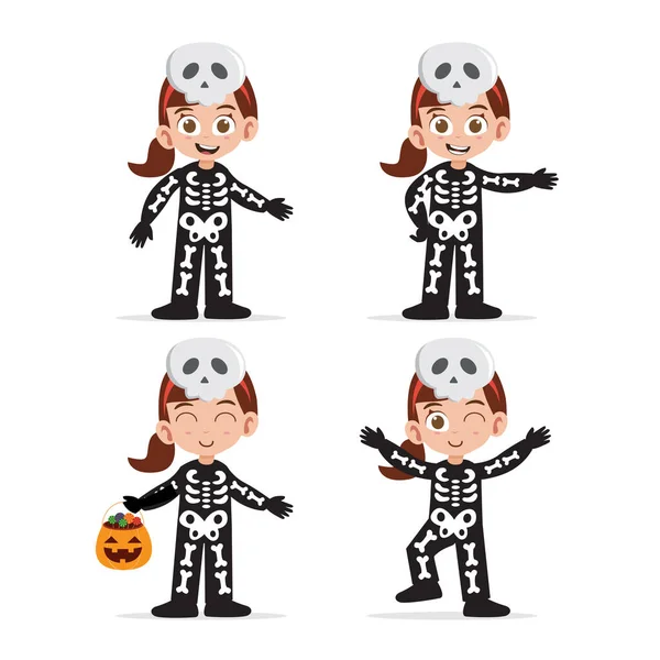 Fille Mignonne Portant Costume Squelette Pour Halloween Illustration Vectorielle — Image vectorielle