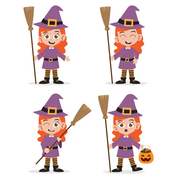 Cute Girl Wearing Witch Costume Halloween Stock Vector — Stock Vector