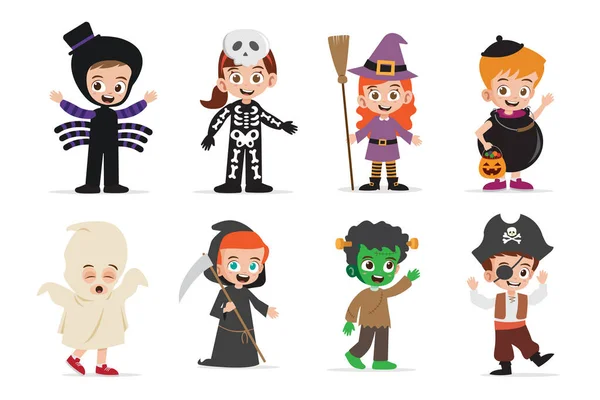 Cute Kids Noszenie Halloween Kostiumy Wektor Ilustracji — Wektor stockowy