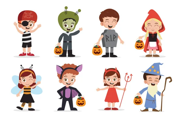 Cute Kids Boys Girls Wearing Halloween Costumes Collections Vector Illustration — Stock Vector