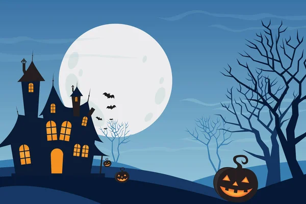 Halloween Silhouettes Effrayantes Château Citrouille Arbre Mort Clair Lune Fond — Image vectorielle