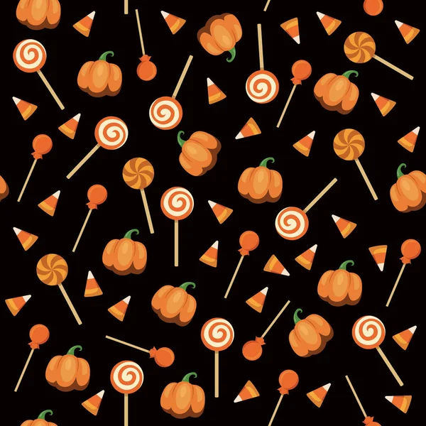 Vector Seamless Pattern Orange Halloween Candies Black Vector Background — Stock Vector
