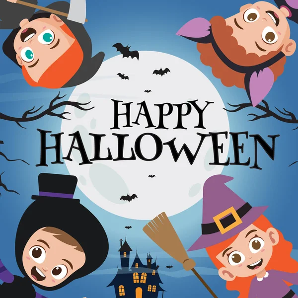 Joyeux Lettrage Halloween Avec Des Enfants Dans Des Monstres Chauve — Image vectorielle