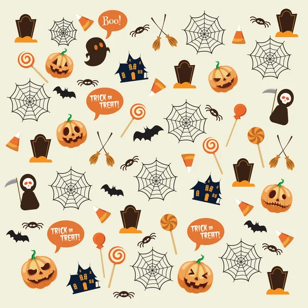 Modèle Halloween Avec Jolies Citrouilles Fantômes Chauves Souris Bonbons Moissonneuses — Image vectorielle