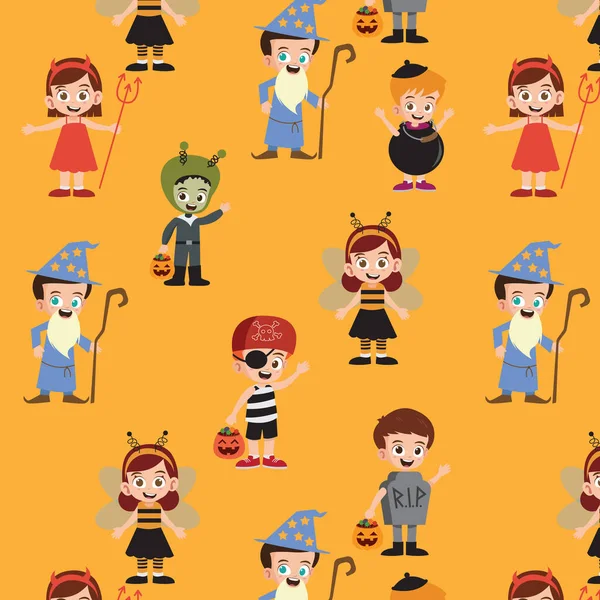 Enfants Mignons Portant Des Costumes Halloween Illustration Vectorielle Modèle — Image vectorielle