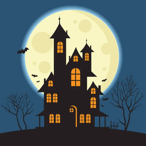Halloween Silhouettes Effrayantes Château Citrouille Arbre Mort Clair Lune Fond — Image vectorielle
