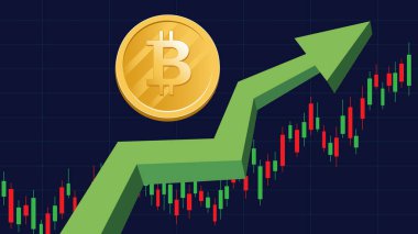 Bitcoin para birimi yükseliyor. Yeşil grafik vektör illüstrasyonu üzerine Bitcoin