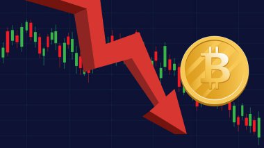 Bitcoin para birimi düşüyor. Bitcoin kırmızı grafikte. Bitcoin arka planı kırmızı arkaplan ve azalan grafiklerle çökertiyor. 