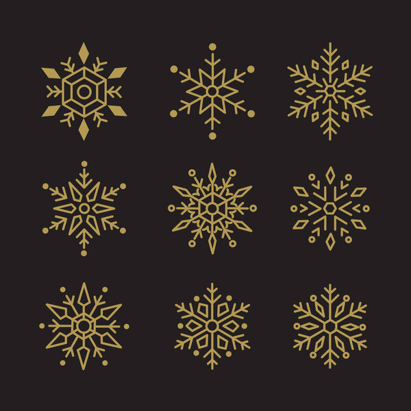 Gold snowflake icons collection. New year design elements, frozen symbol, Vector illustration