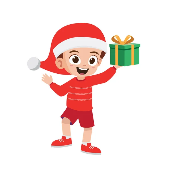 Boldog Aranyos Kisfiú Kezében Ajándék Karácsonyra — Stock Vector