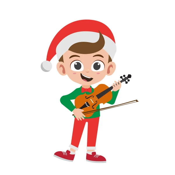 Happy Cute Little Boy Playing Violin Instrument Christmas Costume Vector — Stock Vector