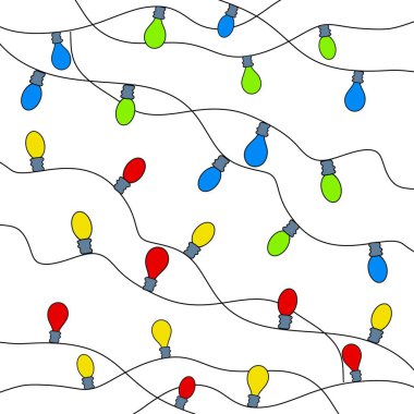 Parlak Noel ışıklarının temsili. Çok renkli Noel lambası çelengi. Siyah kablo. Beyaz bir arka planda. Tebrik kartları, pankartlar için.