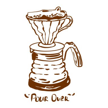 Kahve demleme metodunu dök. Taze aromalı kahvenin Doodle vektör çizimi. Kafelerde ve kafelerde pankartlar için ikon olarak kullanılabilir..