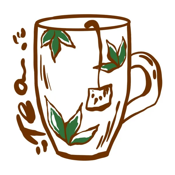 Vector Doodle Illustration Eine Tasse Tee Dekoriert Mit Grünem Blatttee — Stockvektor