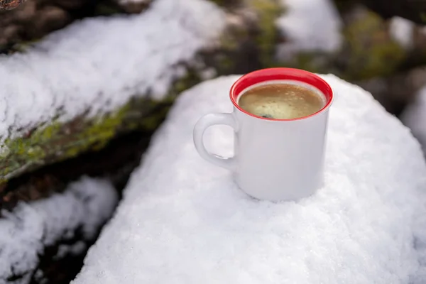A hot mug of coffee with foam on the snow-covered bars.