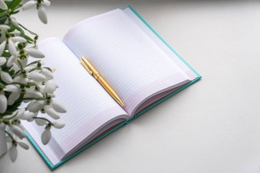 Kar damlaları, not defteri ve altın kalem. düz yerleşim.