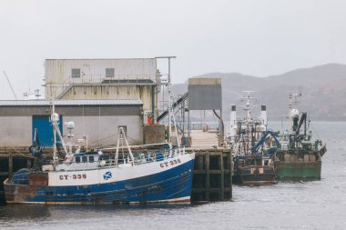 Stornoway balıkçı limanı, Lewis Adası, Outer Hebrides, İskoçya, ıslak, gri bir günde. 