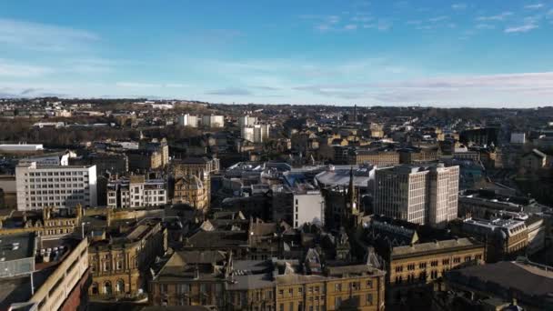 Flygbilder Flyger Över Bradfords Centrum West Yorkshire Brittiska Centrum Byggnader — Stockvideo