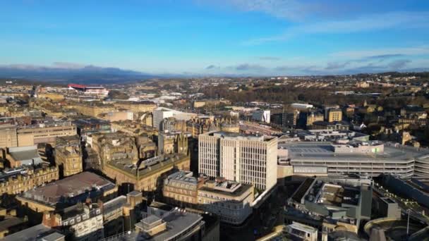 Luchtbeelden Vliegen Bradford City Centre West Yorkshire Britse Centrumgebouwen Een — Stockvideo