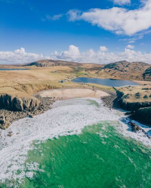 Aerial view of Dailbeag beach, Isle of Lewis. A remote beach in the Outer Hebrides of Scotland. Drone view of remote Scottish beach. clipart