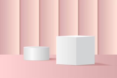 Soyut 3D pembe podyum arka planı. Ürün tanıtımı için modern minimalist model. Gerçekçi pembe silindir kaide podyumu. Kopya alanı ile Geometrik sahne gösterimi. 