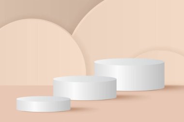 Soyut 3D bej podyum arka planı. Ürün tanıtımı için modern minimalist model. Gerçekçi bej renkli silindir kaide podyumu. Kopya alanı ile Geometrik sahne gösterimi. 