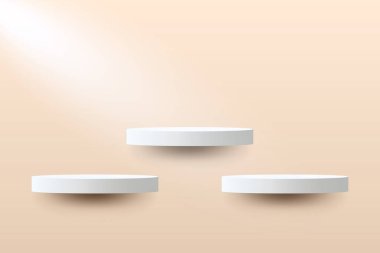 Soyut 3D bej ürün podyumu basamağı duvarda asılı duruyor. Ürün tanıtımı için modern minimalist model. Gerçekçi bej renkli silindir kaide podyumu. 