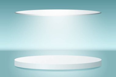 Mavi stüdyo arka planında spot ışığı olan soyut 3D podyum. Ürün tanıtımı için modern minimalist model. Gerçekçi gri silindir kaide podyumu. 