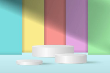 Soyut 3D çok renkli arkaplan. Ürün tanıtımı için modern minimalist model. Gerçekçi pastel renkli silindir kaide podyumu. Kopya alanı ile Geometrik sahne gösterimi. 