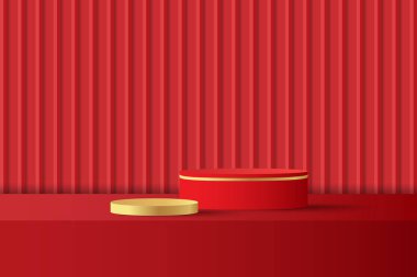 Soyut 3D kırmızı podyum arka planı. Ürün tanıtımı için modern minimalist model. Gerçekçi siyah silindir kaide podyumu. Kopya alanı ile Geometrik sahne gösterimi. 