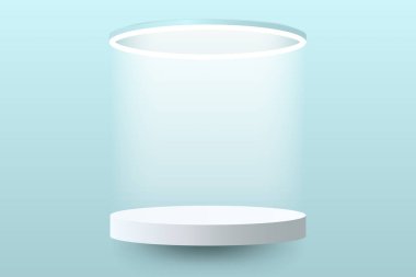Mavi stüdyo arka planında spot ışığı olan soyut 3D podyum. Ürün tanıtımı için modern minimalist model. Gerçekçi mavi silindir kaide podyumu. 