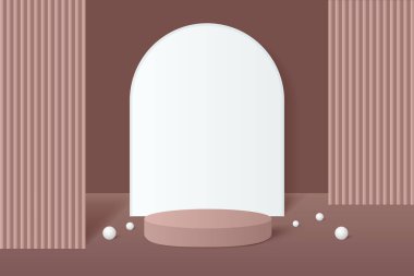 Soyut 3D pembe altın kürsü arka planı. Ürün tanıtımı için modern minimalist model. Gerçekçi pembe altın silindir kaide podyumu. Kopya alanı ile Geometrik sahne gösterimi. 